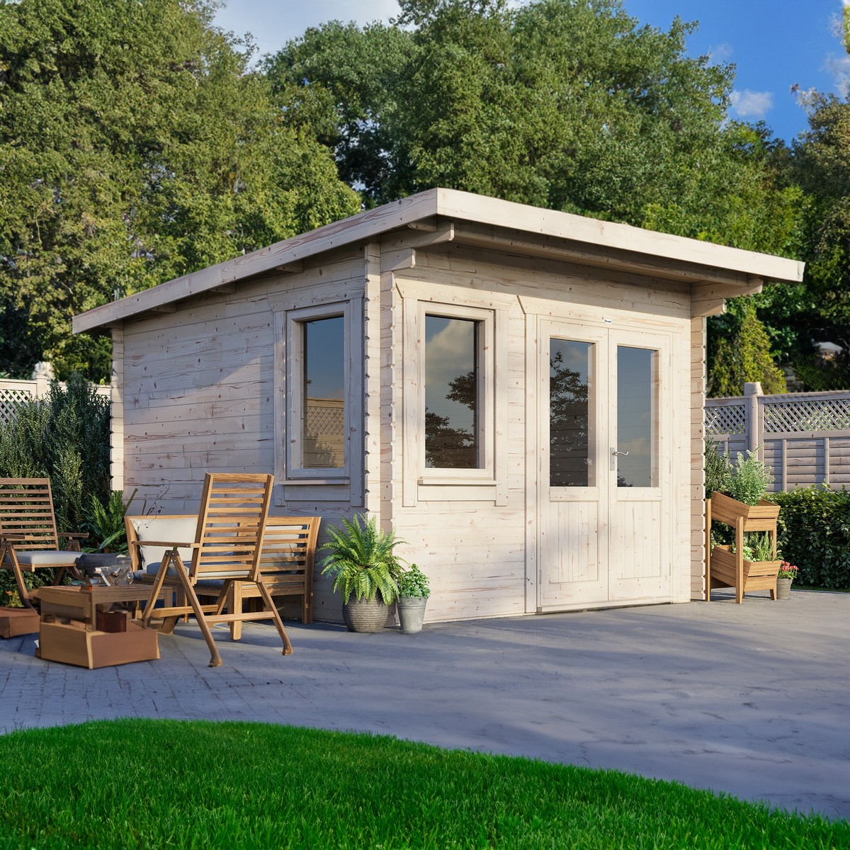 Powersheds Pent Roof Log Cabin 12ft x 12ft (Doors to Right) 28mm Log Thickness Price Comparisons | Compare The Build