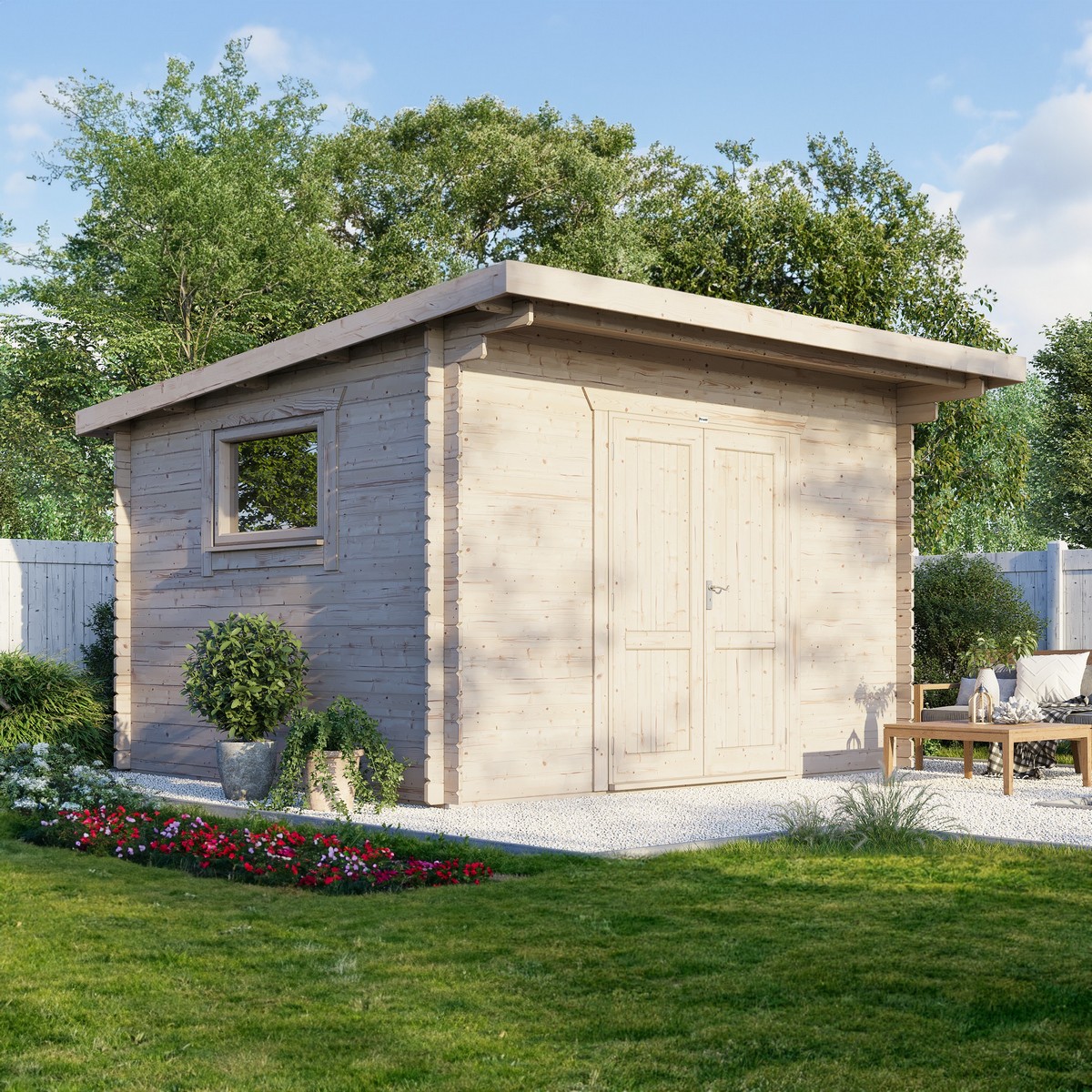 Powersheds Pent Roof Workshop Log Cabin 14ft x 12ft (Doors Central) 28mm Log Thickness Price Comparisons | Compare The Build