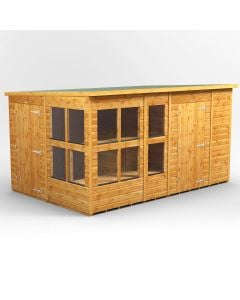 Powersheds Pent Roof Single Door Potting Shed Combi 12ft x 8ft with 6ft Side Store - Golden Brown