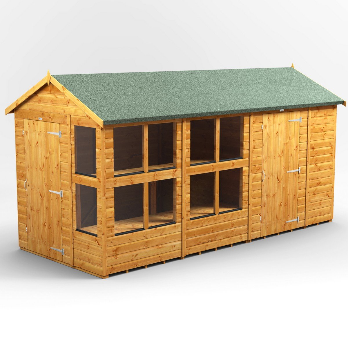 Powersheds Apex Roof Single Door Potting Shed Combi 14ft x 6ft with 6ft Side Store - Golden Brown Price Comparisons | Compare The Build